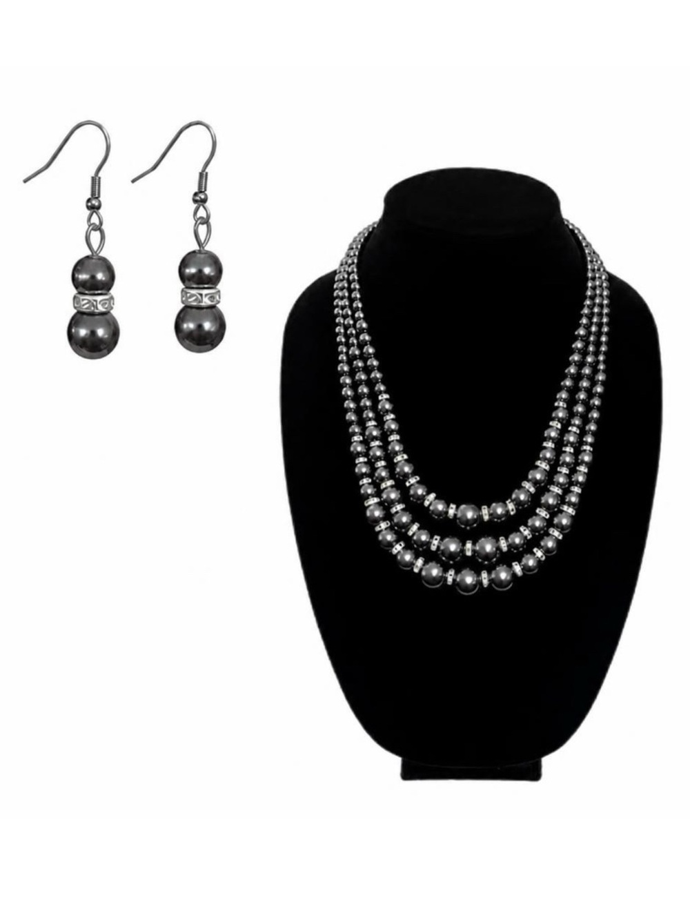 Multi-Strand Hematite Bead Necklace with Crystal Spacers & Drop Earrings